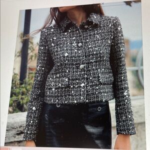 Zara Women's sequin accented Black and White Tweed Jacket  - new- stunning
